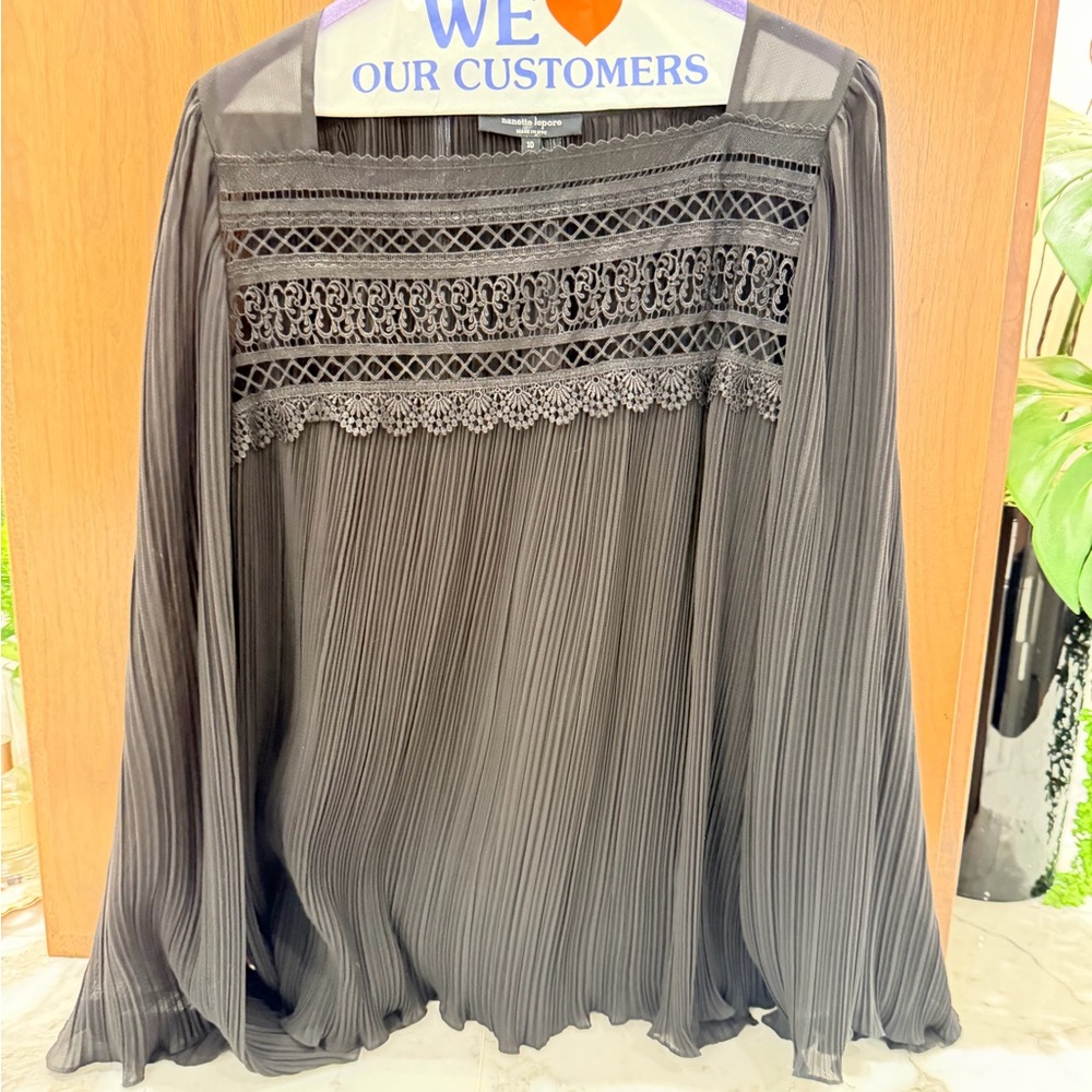 Nanette Lepore Black Pleated Lace Yoke Blouse